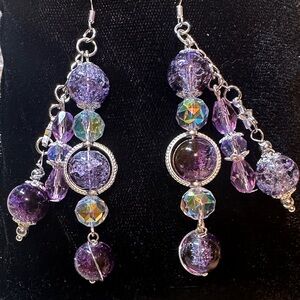 925 Silver Hooks, Purple and Silver Beaded Dangle Earrings